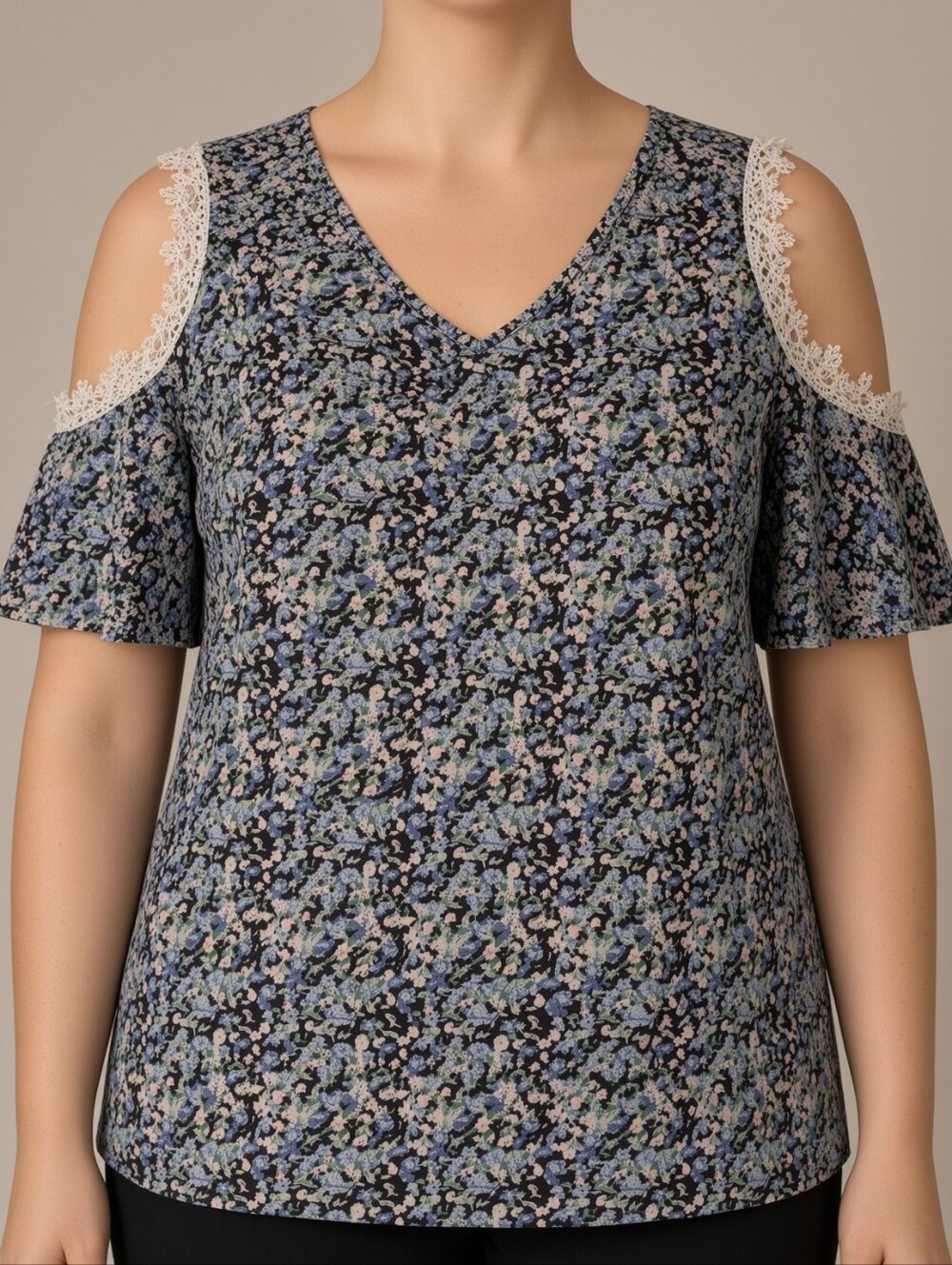 Floral Cold-Shoulder V-Neck Top - Navy